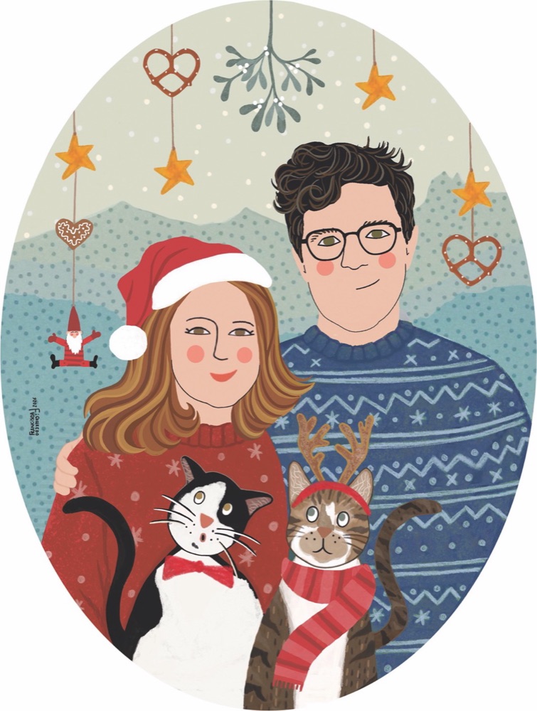 Illustrated holiday portrait of a couple and their two cats in Christmas sweaters, with mountains and hanging ornaments